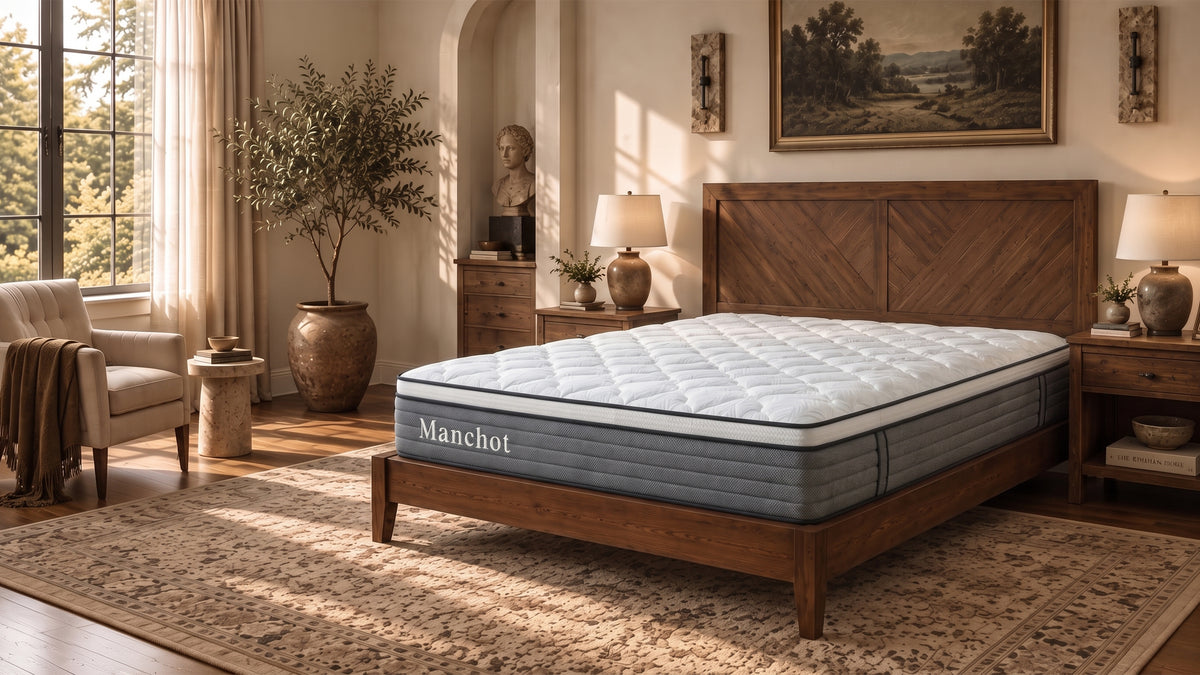 Manchot hybrid mattress on a wooden bed frame in a sunlit bedroom with an olive tree