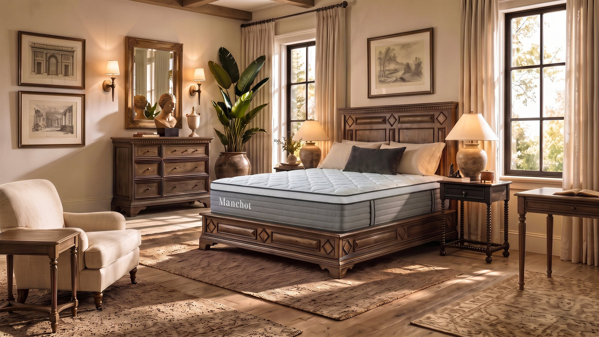 Manchot hybrid mattress on a dark wood bed frame in a furnished, sunlit bedroom