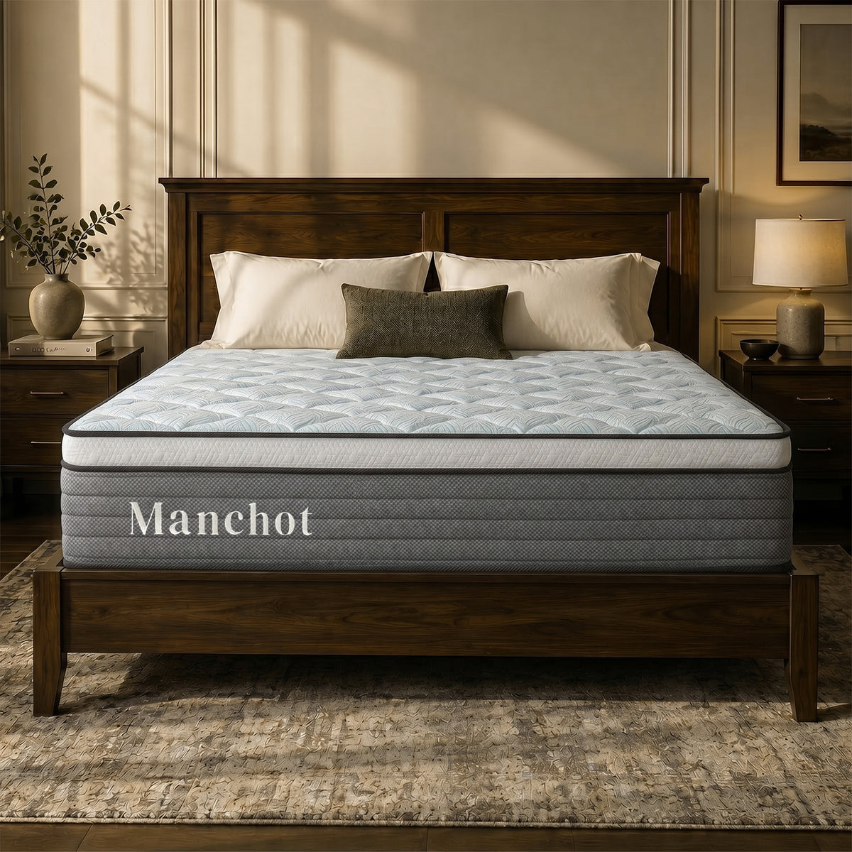 Manchot Signature hybrid mattress on a dark wood bed frame in a warm, sunlit bedroom