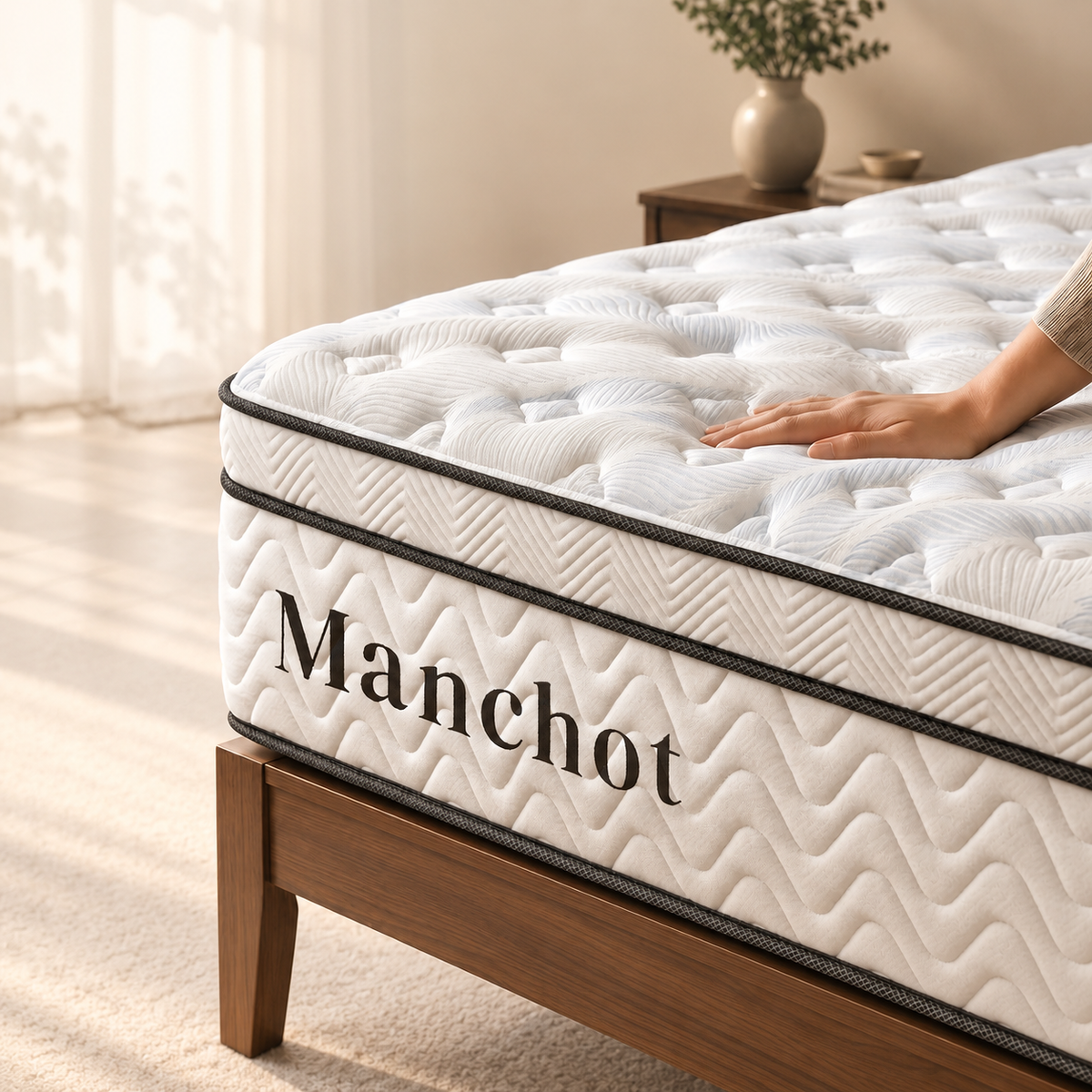 A hand pressing into the quilted surface of the Manchot Essential hybrid mattress