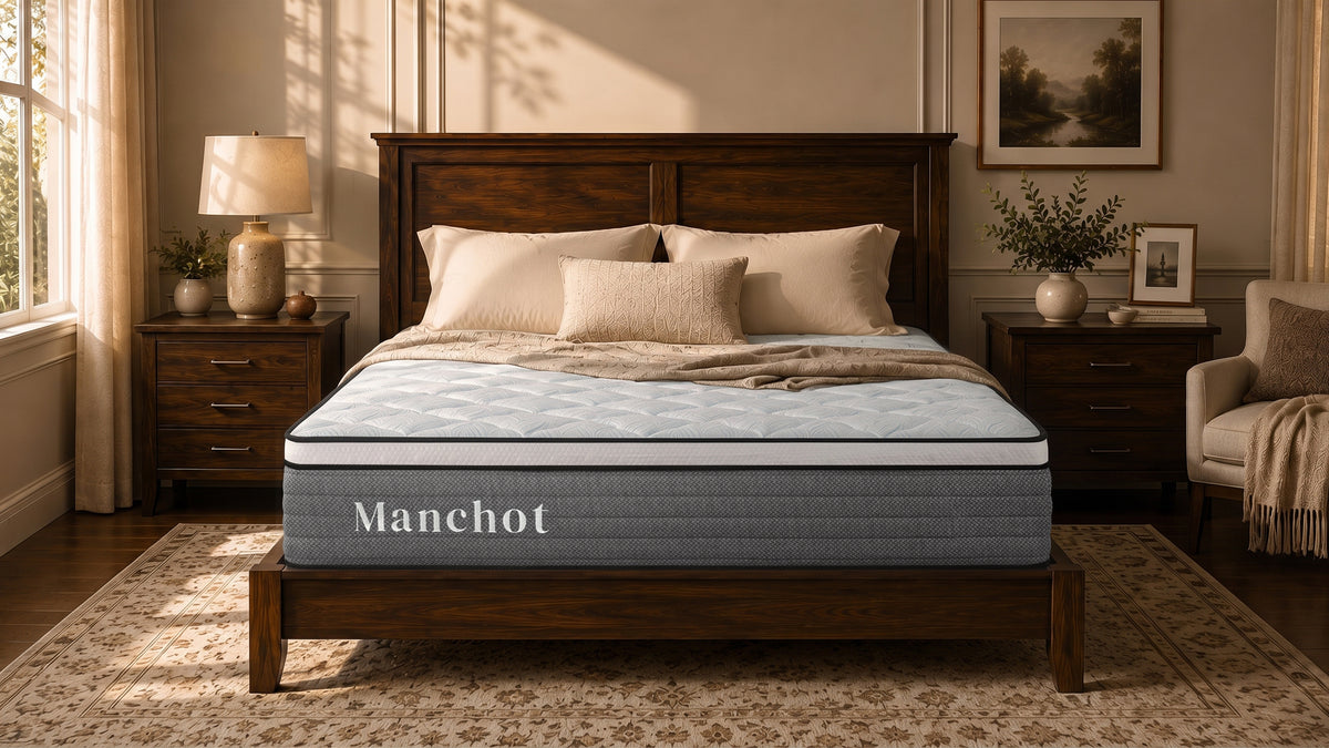 Manchot hybrid mattress on a dark wood bed frame, made up with bedding in a sunlit bedroom