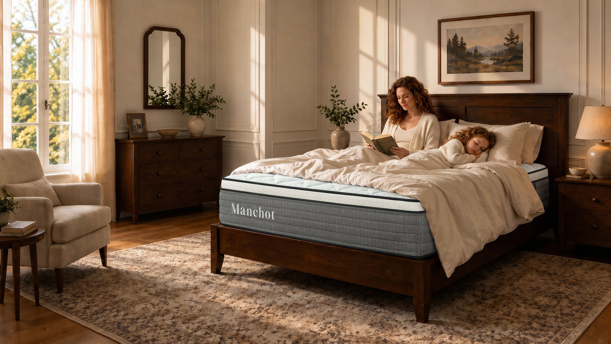 A woman reading in bed next to a sleeping child, on a Manchot hybrid mattress in a warm bedroom