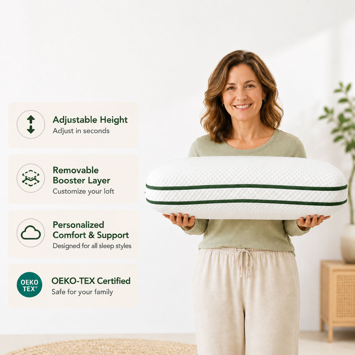 woman holding manchot cradle adjustable pillow highlighting removable booster layer customizable height personalized support and oeko tex certification