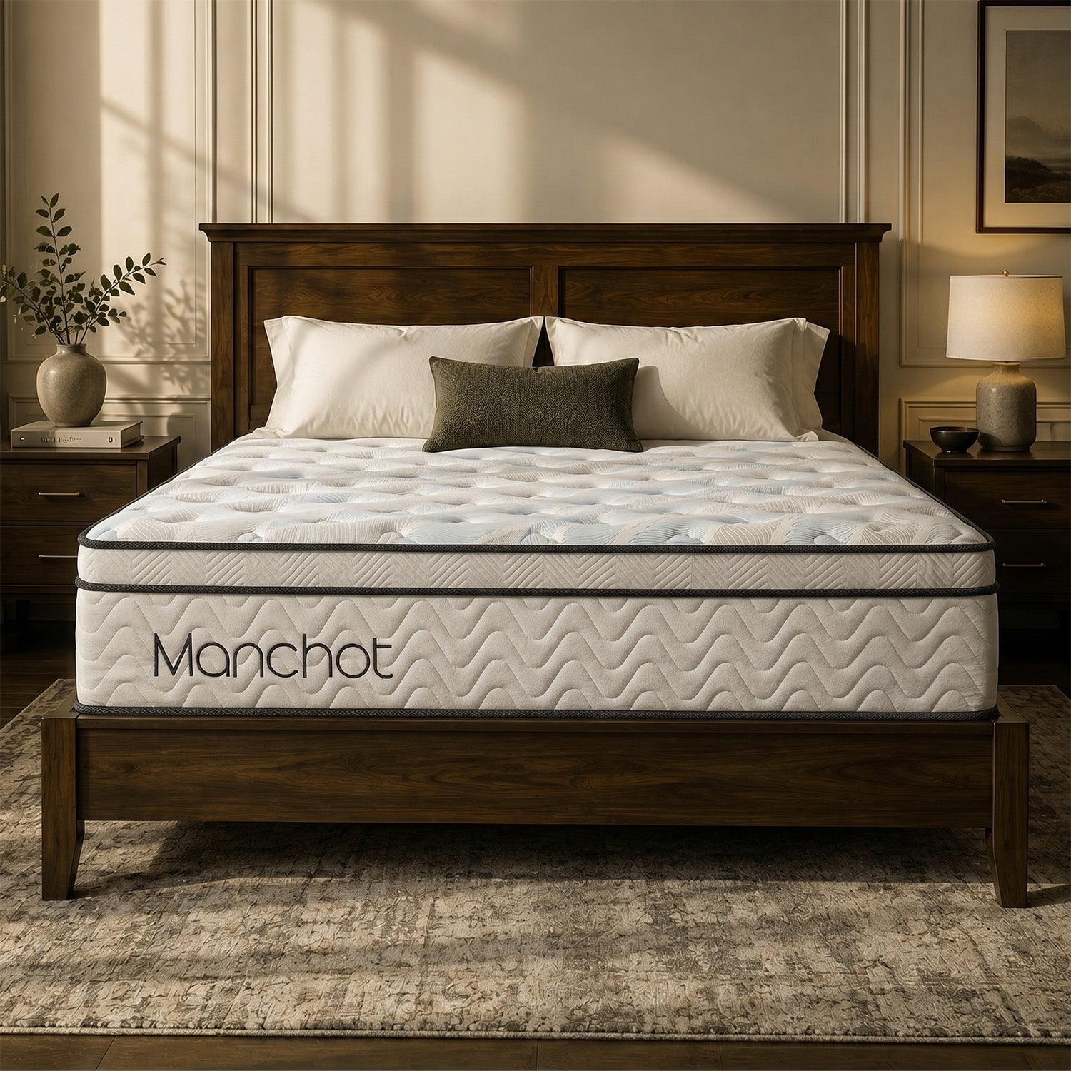 manchot essential hybrid mattress front view bedroom setup