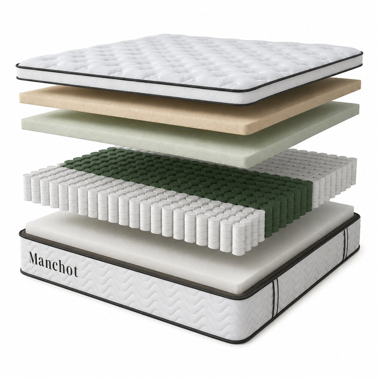 Cutaway illustration of the Manchot Essential hybrid mattress showing its layer structure