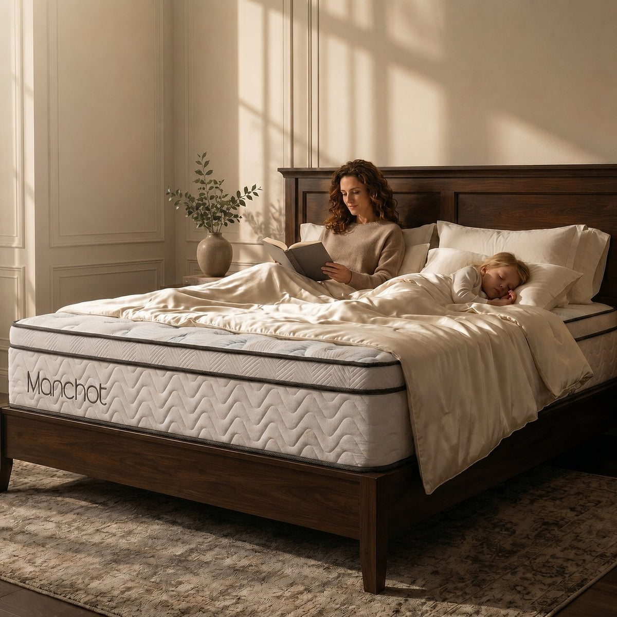 A woman reading in bed while a child sleeps beside her on a Manchot mattress