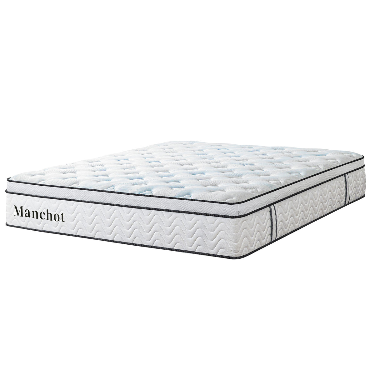 Manchot Essential hybrid mattress on a plain background, angled view showing the pillow top and side panel