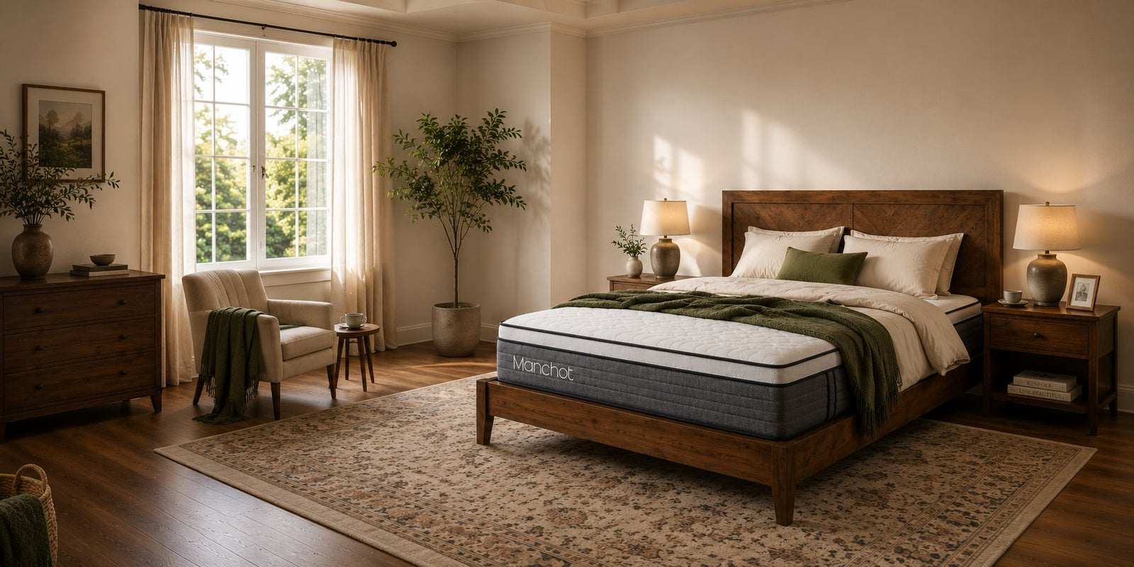 Manchot hybrid mattress on a bed frame in a warm, neutral bedroom.
