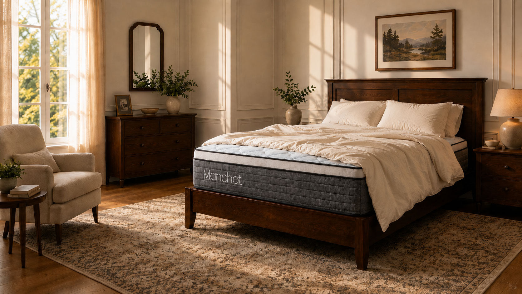 Manchot Signature hybrid mattress on a dark wood bed frame in a warm, sunlit bedroom.